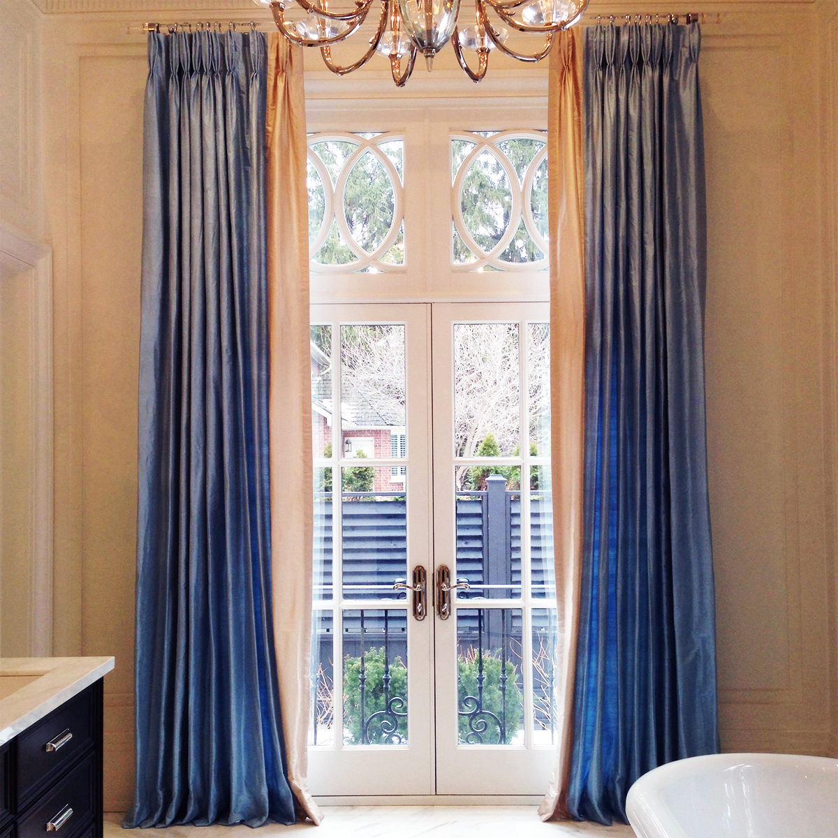 Custom drapery installation in a washroom